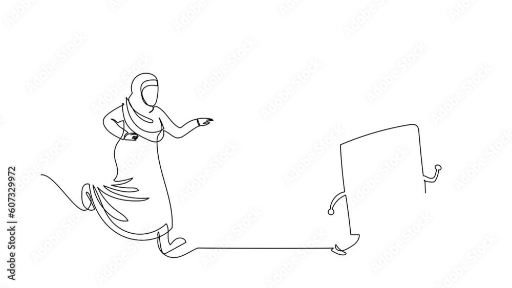 Self drawing animation of single one line draw Arab businesswoman chasing calculator. Equipment for accounting service, calculation, taxes, financial reporting. Continuous line. Full length animated Self drawing animation of single one line draw Arab businesswoman chasing calculator. Equipment for accounting service, calculation, taxes, financial reporting. Continuous line. Full length animated