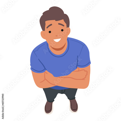 Confident And Positive Man With A Beaming Smile, Standing Tall With Crossed Arms, Gazing Upwards From A Top View