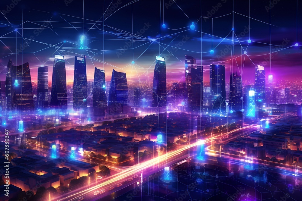 A futuristic city skyline illuminated by a network of interconnected smart streetlights - Generative AI