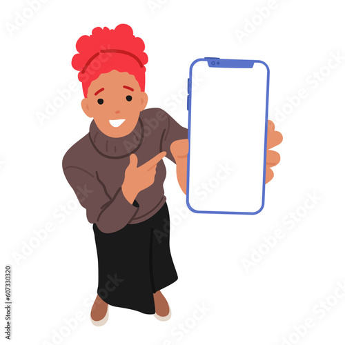 Top View Of A Woman Pointing At A Smartphone Screen, Her Eyes Filled With Curiosity And Excitement, Vector Illustration