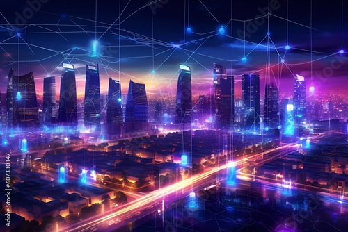 A futuristic city skyline illuminated by a network of interconnected smart streetlights - Generative AI