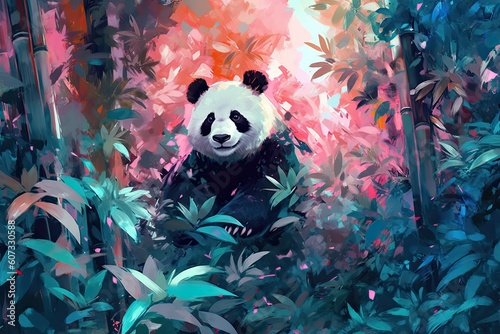 panda nestled among a vibrant watercolor bamboo forest. soft, pastel colors for the bamboo stalks and leaves © PinkiePie