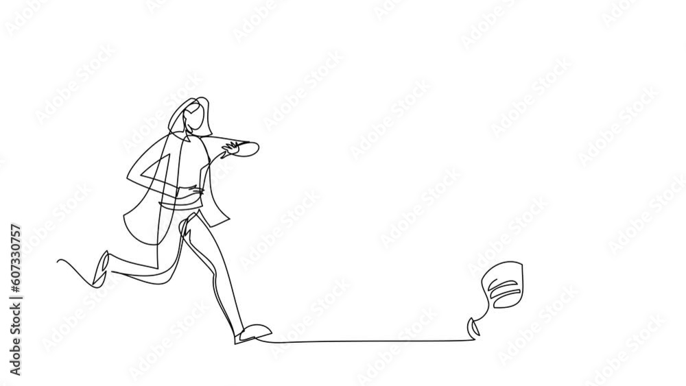 Animated self drawing of continuous line draw businesswoman run chasing try catch flying light bulb. Searching inspiration, creative idea, success. Business metaphor. Full length single line animation