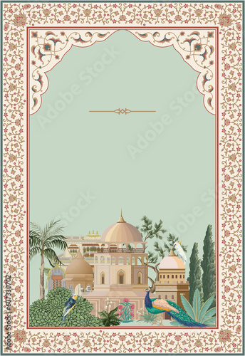 Decorative Mughal ethnic motif, fantasy flowers, bird, peacock in retro, vintage vector illustration for wedding invitation border