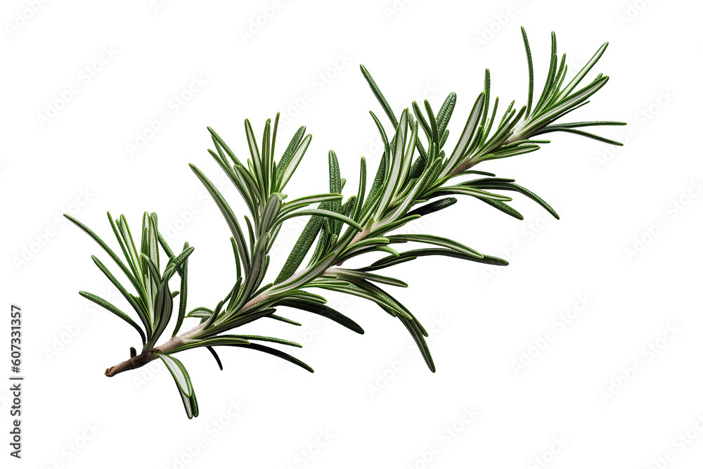 Top view of fresh rosemary sprig on cutout PNG transparent background. Generative AI Top view of fresh rosemary sprig on cutout PNG transparent background. Generative AI