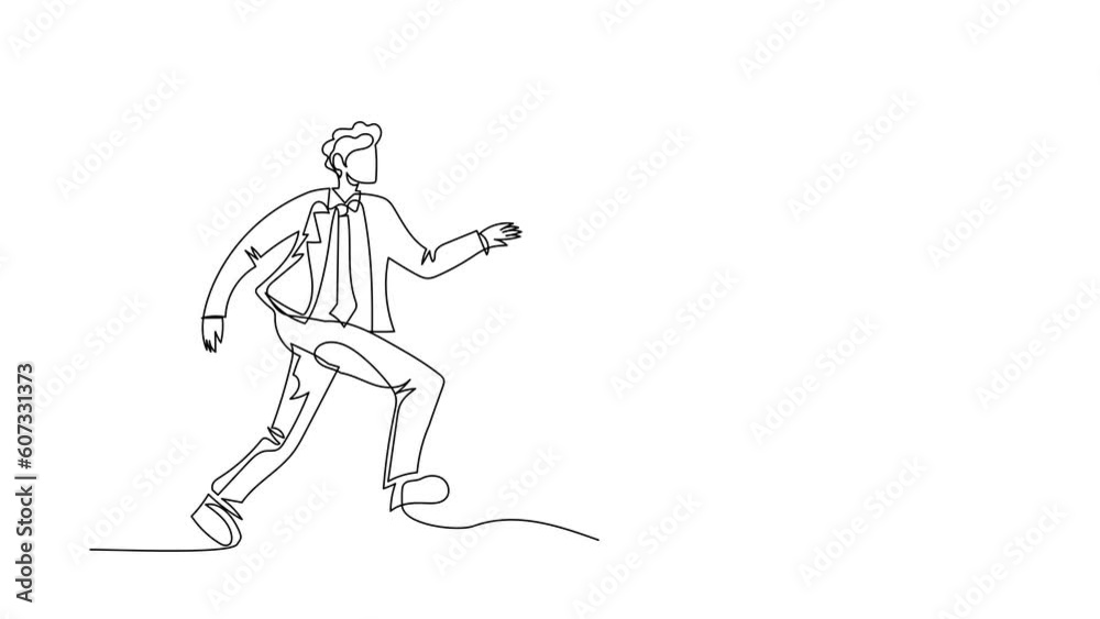 Animated self drawing of continuous line draw businessman chasing wallet, trying to catch it, return his money. Financial crisis, ROI, return on investment business. Full length one line animation