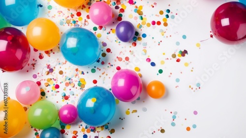 Colorful balloons and confetti on white table Generative AI