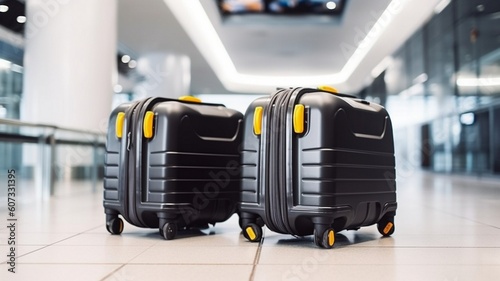 Two plastic travel suitcases in the airport Generative AI