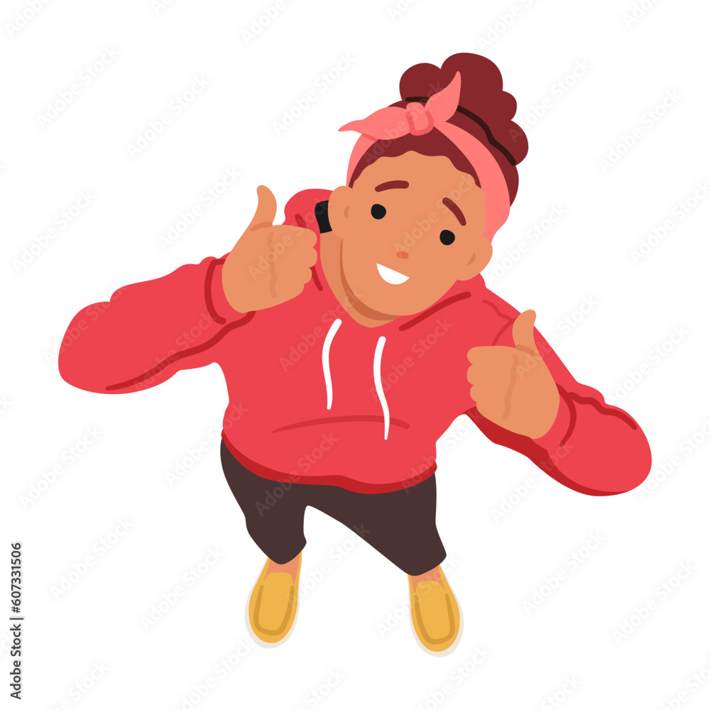 Confident Woman Gazing Upward With A Thumbs Up Gesture, Seen From A Top View. Young Girl Radiating Positivity