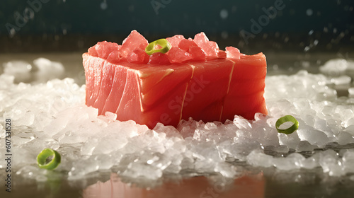 Fresh Chilled tuna on crushed ice, fresh seafood, generative AI © justin