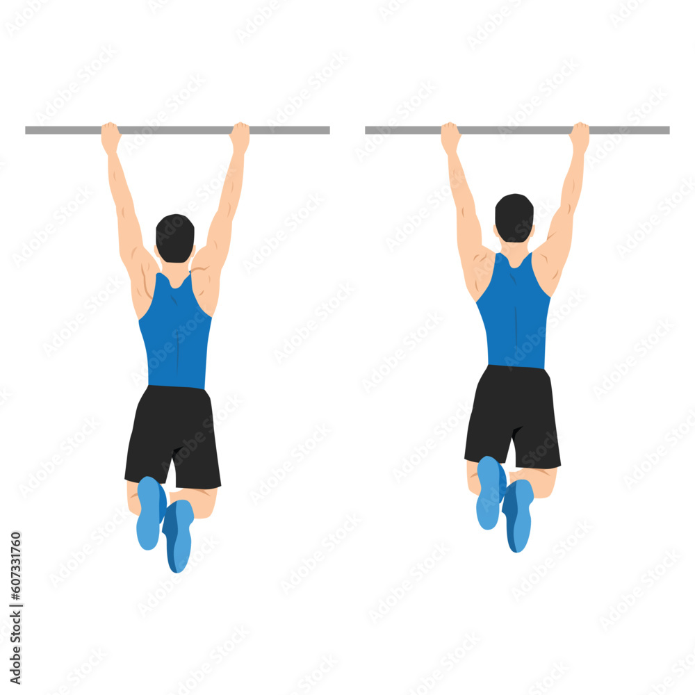 Man doing scapula pull or scap pulls or pull up exercise. Flat vector illustration isolated on white background Man doing scapula pull or scap pulls or pull up exercise. Flat vector illustration isolated on white background