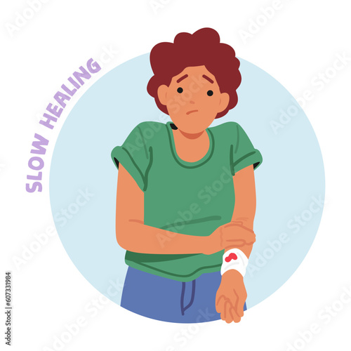 Female Experience Character Delayed And Slow Wound Healing, Symptom Of Diabetes. Woman With Bandaged Arm And Blood