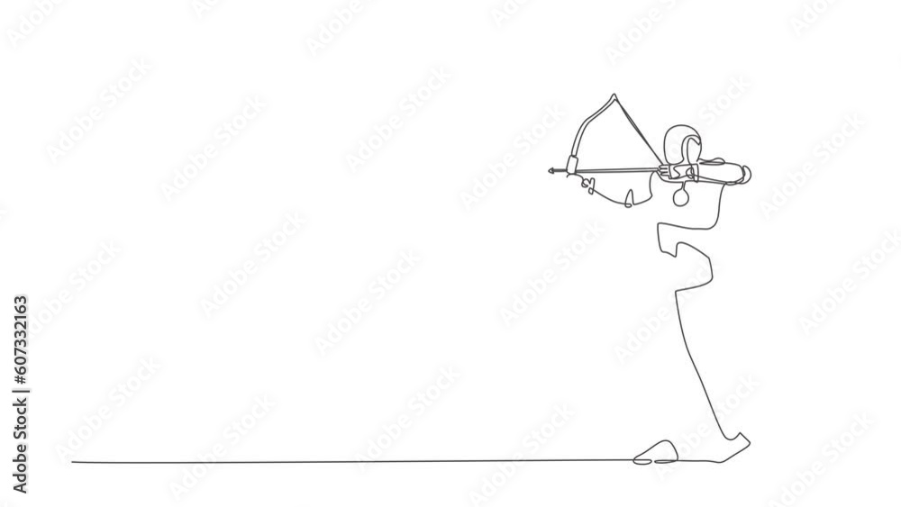 Animated self drawing of single continuous line draw robot trying to shoot target with blindfold. Modern robotic artificial intelligence. Electronic technology industry. Full length one line animation