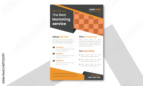 Corporate Flyer Layout with Graphic Elements and Orange Accents, perfect for creative professional business, space for photo in background	
