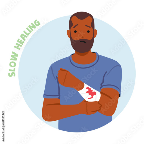 Male Character With Bleeding Arm. Concept Of Delayed Recovery From Diabetes, Prolonged Wound Healing