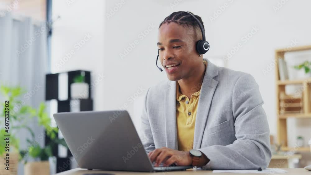 Customer support, laptop video call and black man on networking webinar, online conference or telemarketing. Communication headset, contact us office and male telecom agent consulting on sales pitch Customer support, laptop video call and black man on networking webinar, online conference or telemarketing. Communication headset, contact us office and male telecom agent consulting on sales pitch