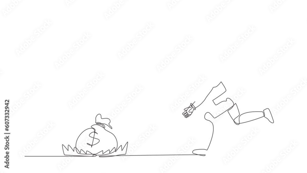 Animated self drawing of continuous line draw robot running to catch money bag in the steel bear trap. Humanoid robot cybernetic organism. Future robotic development. Full length single line animation Animated self drawing of continuous line draw robot running to catch money bag in the steel bear trap. Humanoid robot cybernetic organism. Future robotic development. Full length single line animation