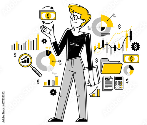 Financier working with charts and bars vector outline illustration, accountant working with financial data, analyst adviser working with investment.