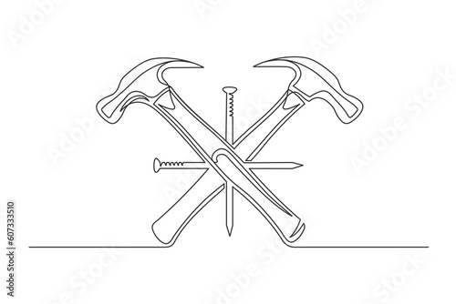 Continuous one line hammers and nail. Vintage hammers and nail isolated on a white background. Carpentry concept. Vector illustration
