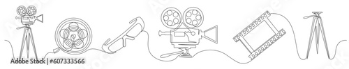 Set of continuous one line cinema elements. Vintage cinema elements isolated on a white background. Vector illustration