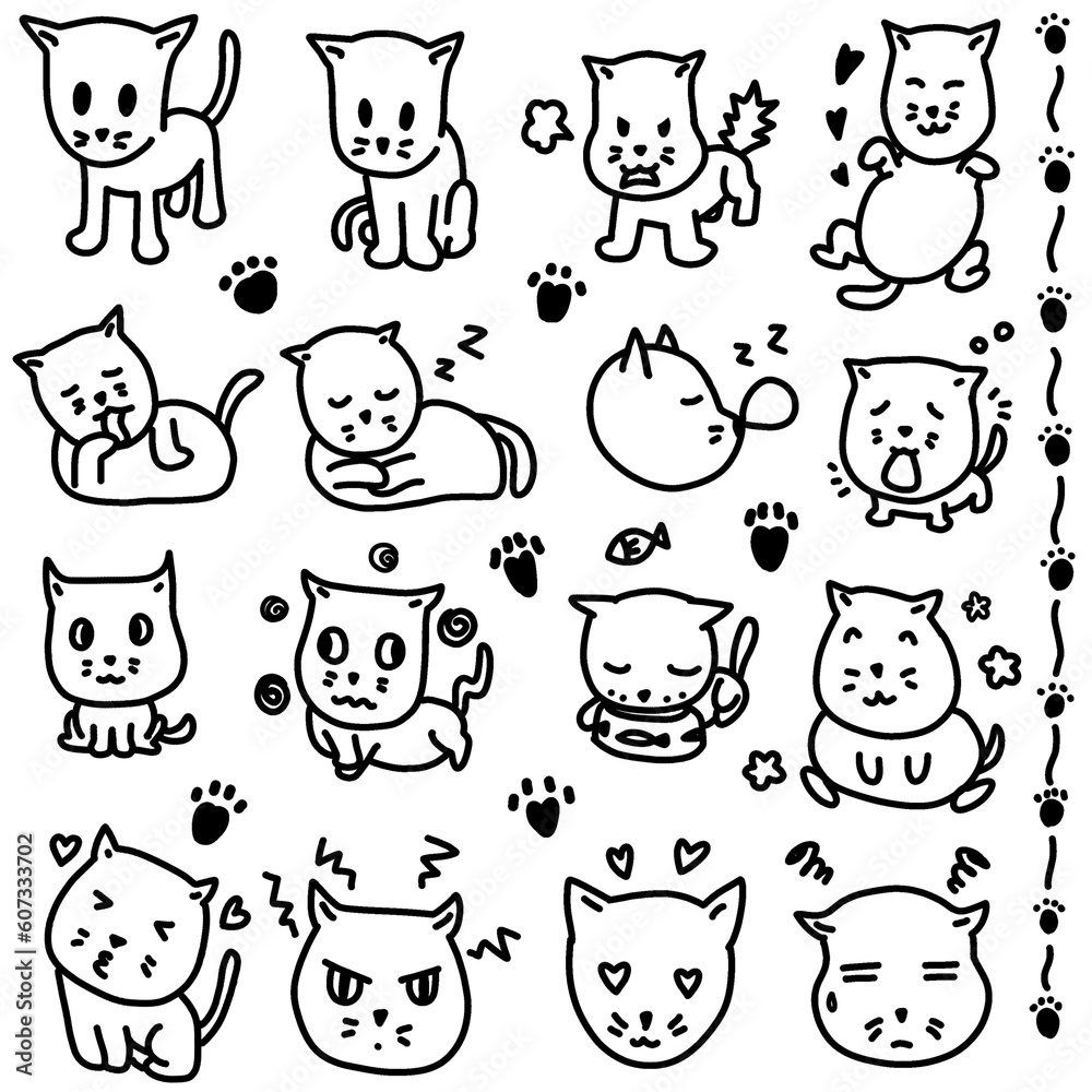 Fototapeta premium Hand drawing black line cats in various actions