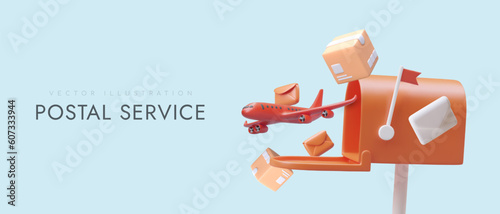 Cartoon orange 3d realistic mailbox, airplane, parcels and correspondence. Fast postal services. Mail transportation, air cargo delivery. Colorful vector illustration in cartoon style