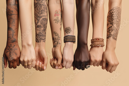 Race and gender diverse arms on a neutral background. Embracing Diversity: Social Integration across Races and Genders Generative AI