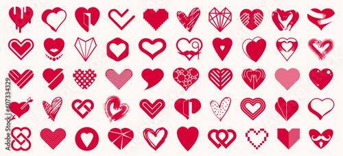 Collection of hearts vector logos or icons set, heart shapes of different styles and concepts symbols, love and care, health and cardiology, geometric and low poly.