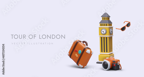 Tours of capital of Great Britain. Most glorious London landmarks. Tourist excursions in cities of England. Banner on colored background with realistic elements. Tourist symbols in cartoon style
