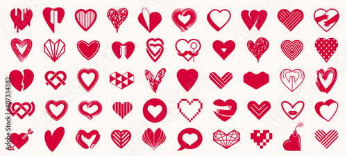 Collection of hearts vector logos or icons set, heart shapes of different styles and concepts symbols, love and care, health and cardiology, geometric and low poly.