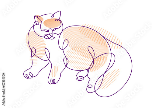 Fat and lazy cat line art vector illustration, linear drawing of pussycat relaxing, minimal outline sketch of cute domestic pet.