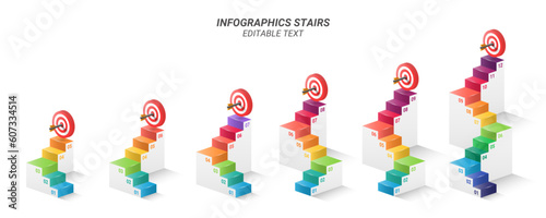 Multiple Infographic Staircase and Target Board from 5 up to 12 steps with Editable Numbers for Business Presentations, Goals, Reports, and Website Design.