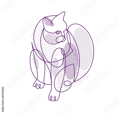 Nice cute cat linear vector illustration, line art drawing of pussycat relaxing, artistic outline minimal sketch of fat and lazy cat.