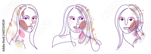 Woman beauty face vector linear illustrations set, delicate line art of attractive girl portraits collection, abstract feminine drawings minimal style isolated.