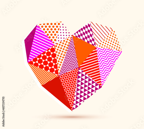 Low poly pattern geometric heart vector icon or logo, graphic design 3d love theme element, polygonal dimensional heart.