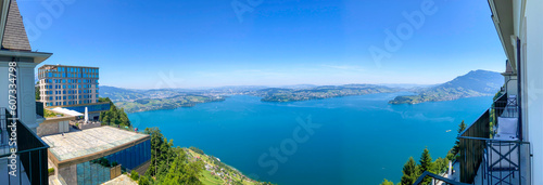 Panoramic View from Hotel Balcony with Mountain View in a Sunny Summer Day in Burgenstock, Nidwalden, Switzerland.
