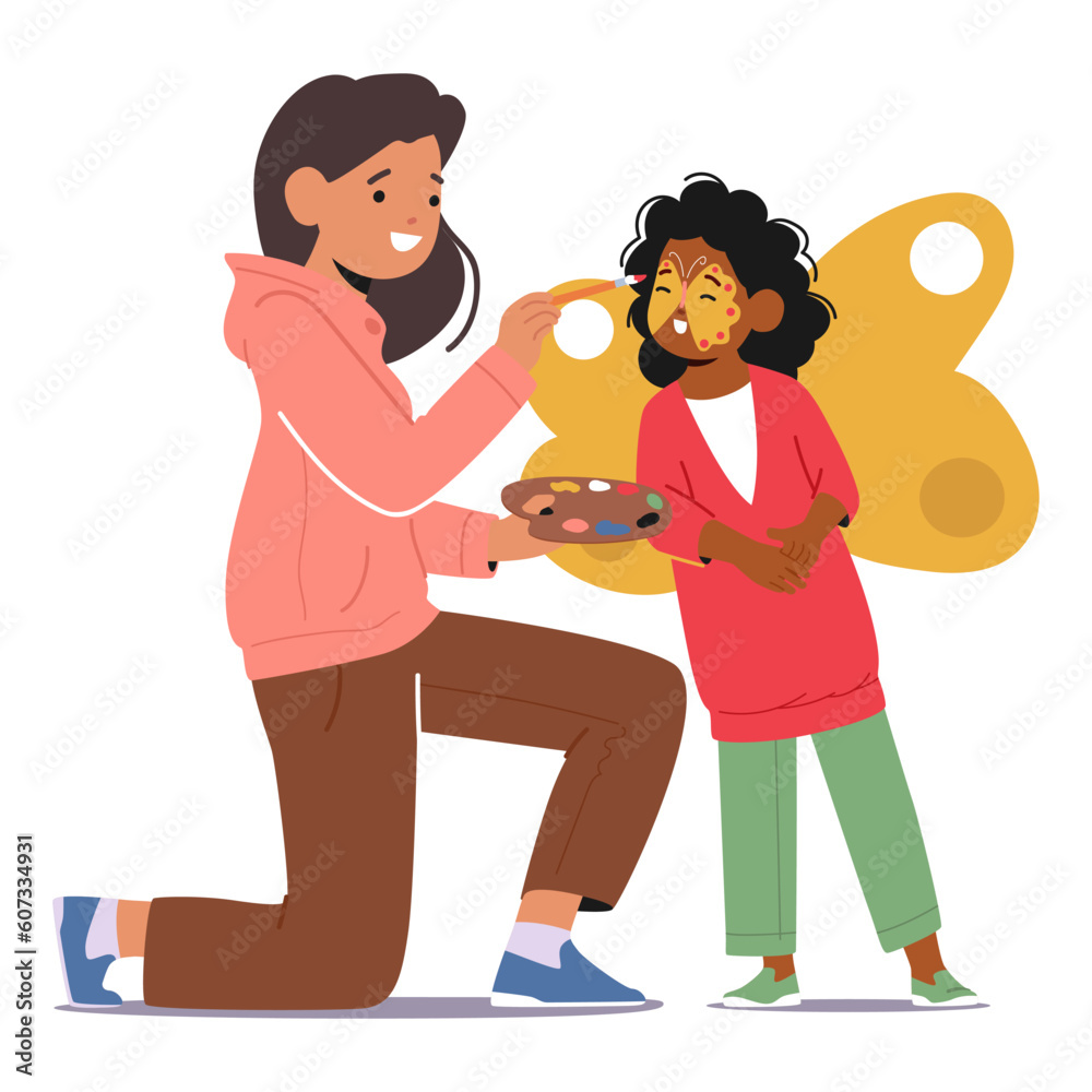 Woman Animator Skillfully Painting A Child Face, Creating Smiles And Transforming Them Into Magical Butterfly Character Woman Animator Skillfully Painting A Child Face, Creating Smiles And Transforming Them Into Magical Butterfly Character