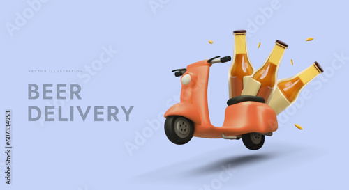 Courier delivery of fresh beer. Orders express transportation. Motor scooter carries beer bottles. Template with realistic illustration. Vector banner on colored background