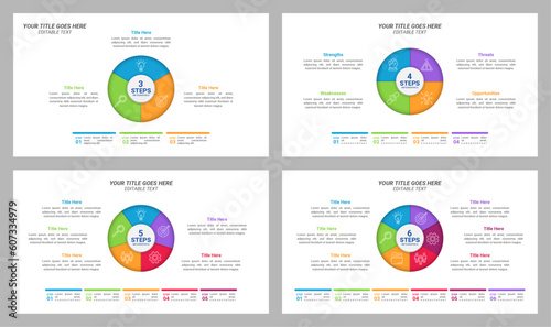 Multiple Infographic Pie Charts from 3 up to 6 steps with Editable Text for Business Presentations, Goals, Reports, and Website Design.