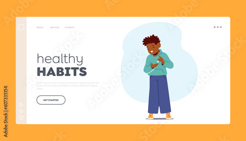 Healthy Habits Landing Page Template. Child With Diabetes Manages Sugar Levels Using Pen For Insulin Administration