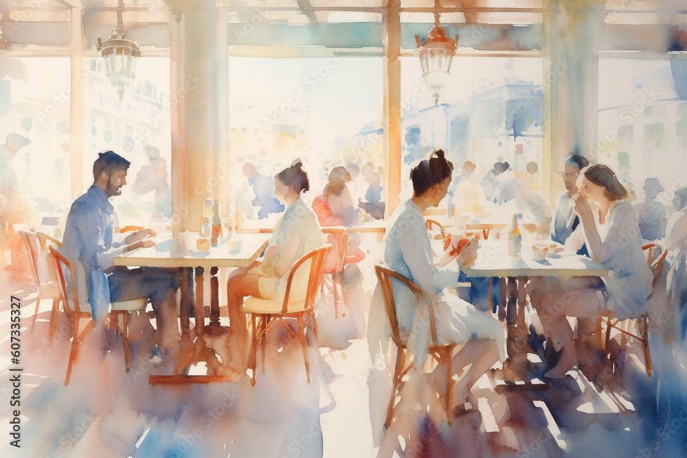 Obraz premium Watercolor modern painting: People are sitting at tables in cafe. Illumination by sunlight. AI