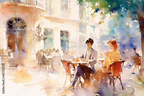 Watercolor modern painting: People, a man and a woman, are sitting at tables in street cafe. Illumination by sunlight. AI
