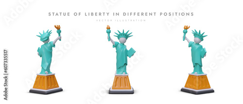 American Statue of Liberty from different sides. Set of 3D icons in cartoon style. Realistic depiction of outstanding monument of world. Symbol of US independence