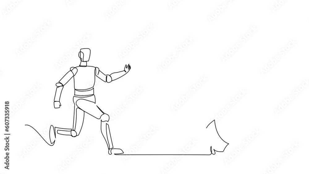 Animated self drawing of continuous line draw robot chasing alarm clock. System management control and information tech industry. Modern robotic artificial intelligence. Full length one line animation Animated self drawing of continuous line draw robot chasing alarm clock. System management control and information tech industry. Modern robotic artificial intelligence. Full length one line animation