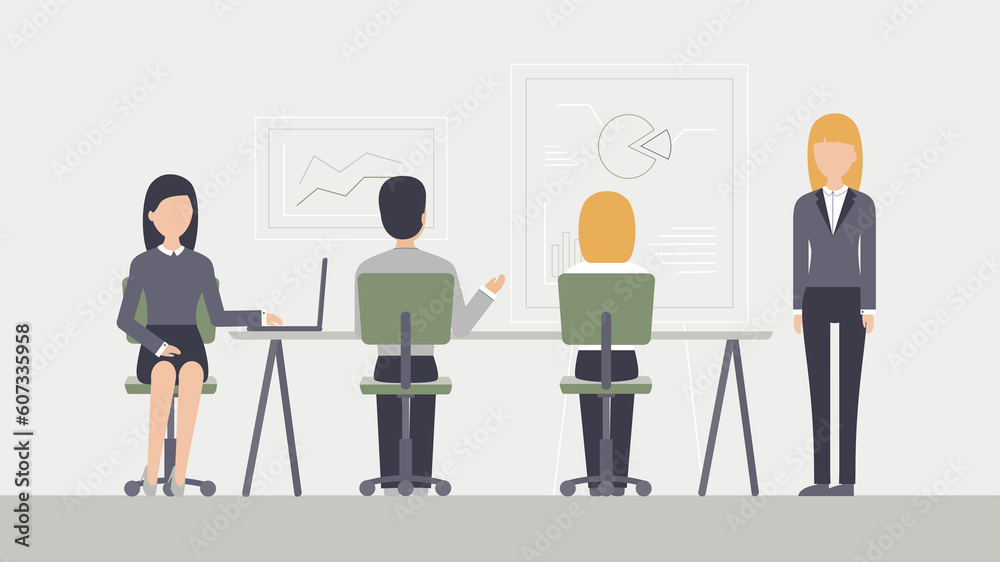 Office employees discuss. Presentation and analytics. Speech or report to colleagues at the workplace. Modern illustration. 