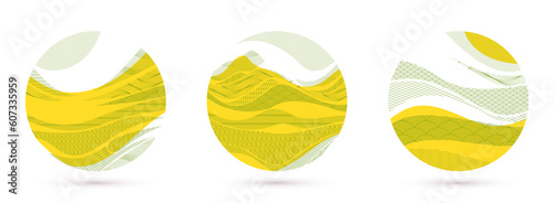 Nature art oriental Japanese style vector abstract backgrounds set in yellow color in a shape of circle, runny like water shapes and lines with textures.