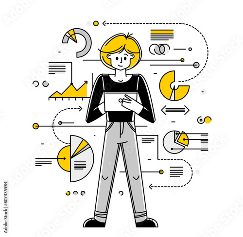 Intellectual worker making analysis of some data on pc or web, data systematization, collecting and analyzing information, vector outline illustration.