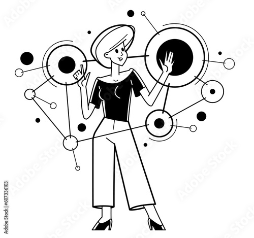 Inspired inventive designer or engineer composing abstract elements, creative worker doing some job and creating some system, vector outline illustration.