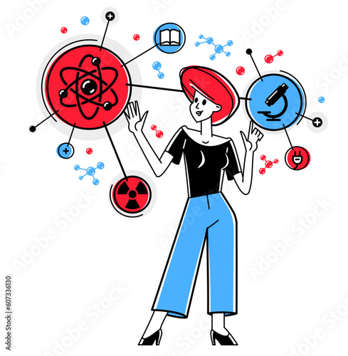 Scientist discovering science theory and making experiments vector outline illustration, science research or invention, physics and chemistry.