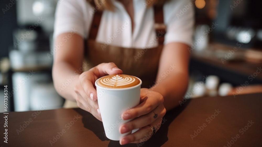 A waitress holding and serving a paper cup of hot coffee Generative AI A waitress holding and serving a paper cup of hot coffee Generative AI